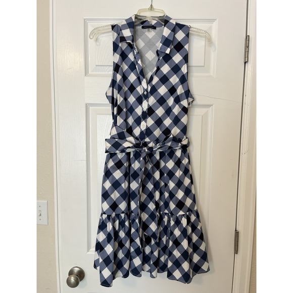 Tommy Hilfiger Women's Sleeveless Blue Checked Cotton Button Midi Dress 12 - Picture 2 of 8